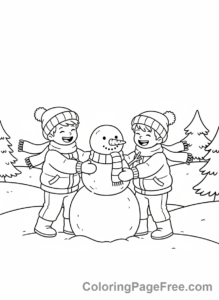 Seasons coloring page - Kids building snowman