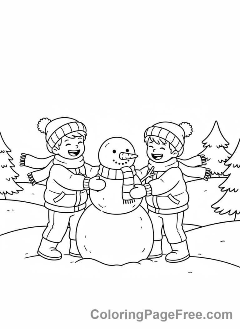 Children building a snowman in winter