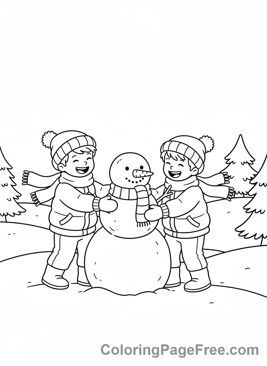 Seasons coloring page - Kids building snowman