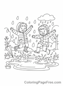 Seasons coloring page - Kids jumping puddles