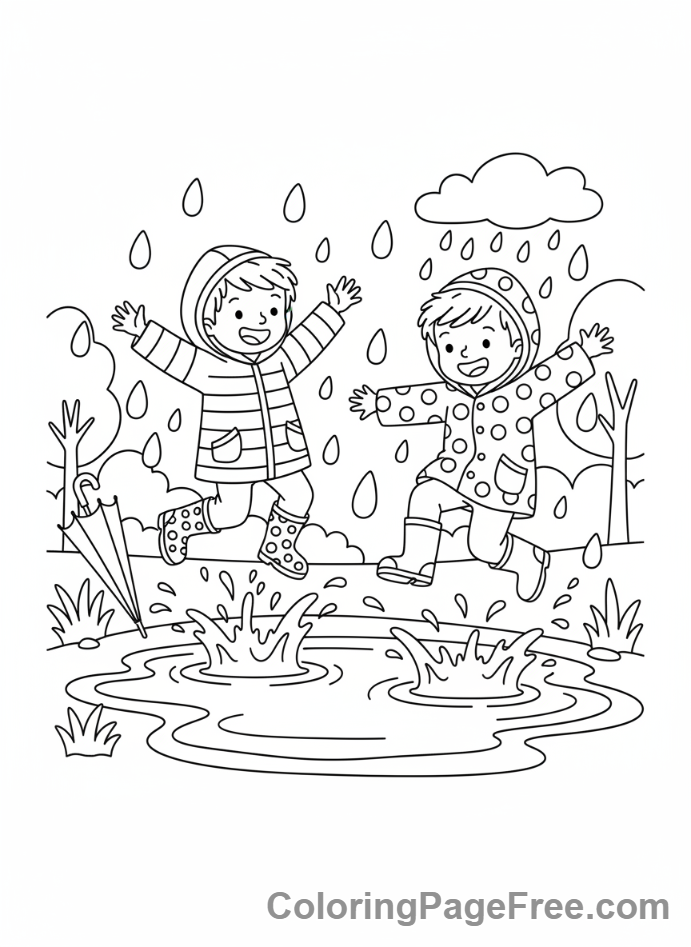 Seasons coloring page - Kids jumping puddles