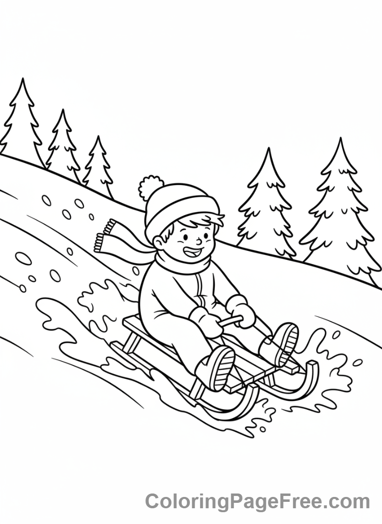 Seasons coloring page - Kids sledding downhill