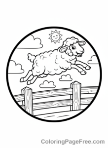 Sheep coloring page - Sheep jumping fence