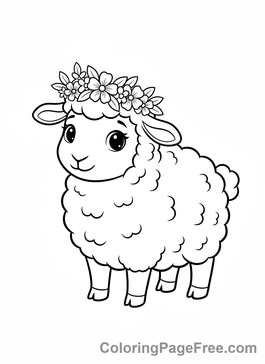 Sheep coloring page - Sheep with flower crown