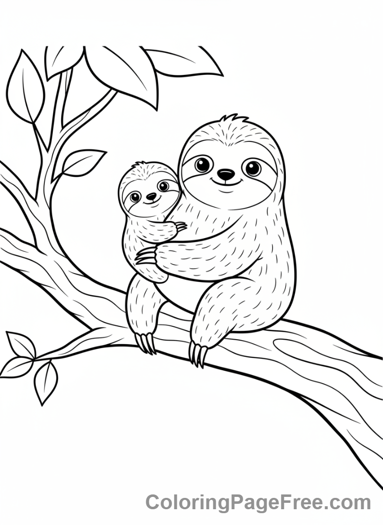 Sloth coloring page - Baby Sloth Mama Hug