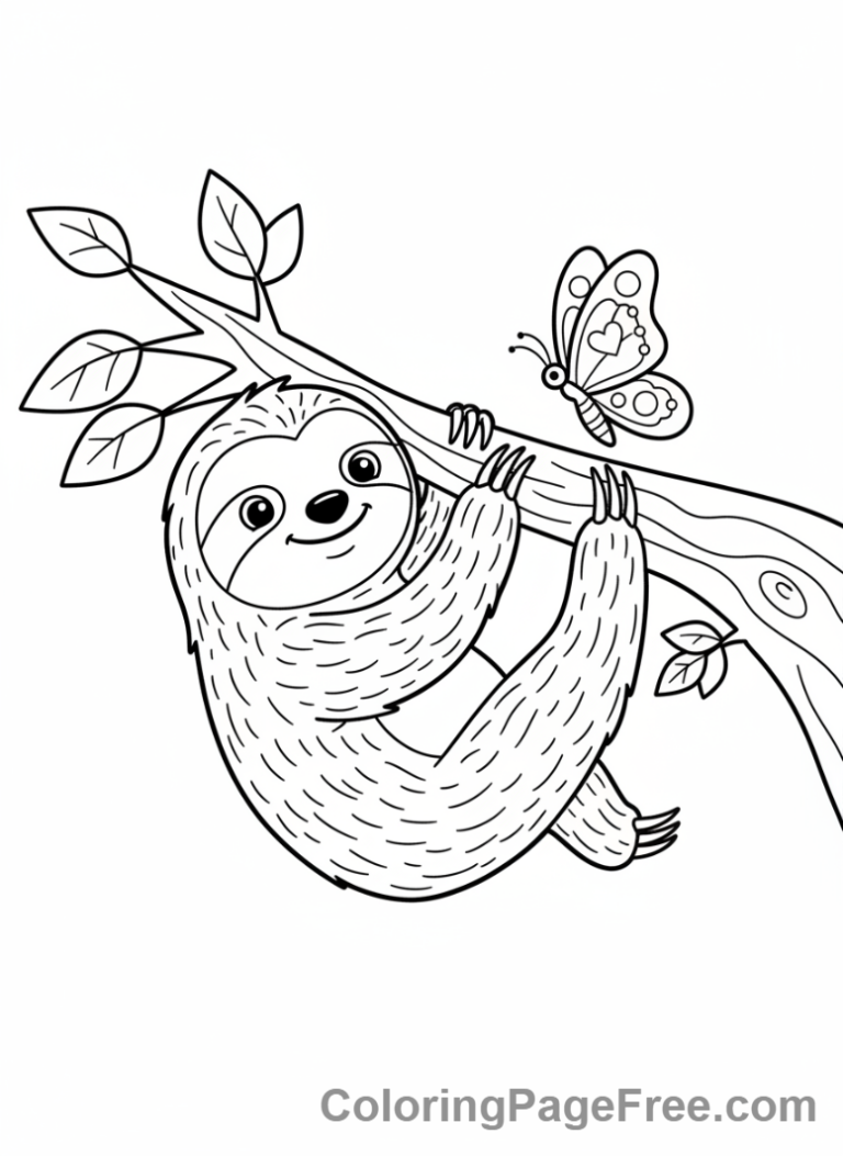 Sloth coloring page - Sloth Playing Butterfly