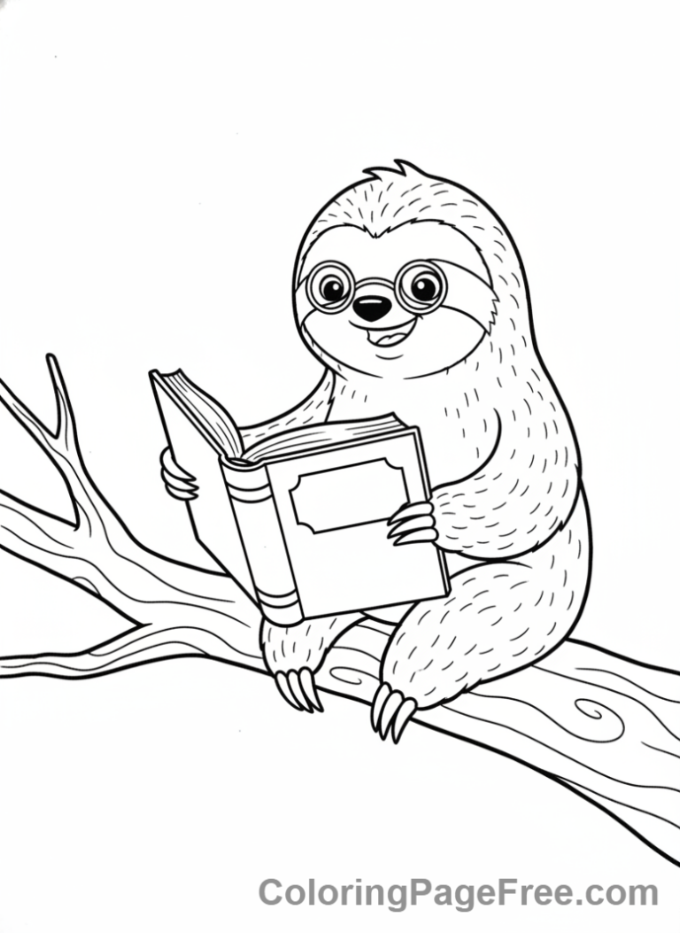 Sloth coloring page - Sloth Reading Glasses Book