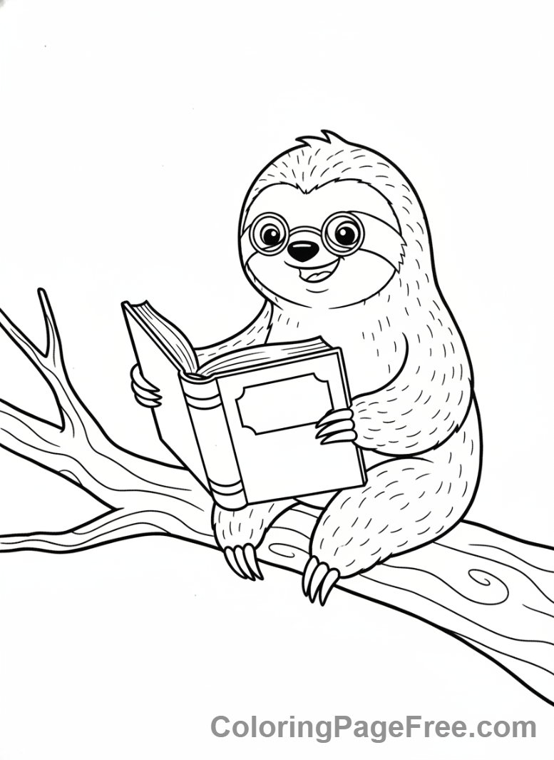 Sloth coloring page - Sloth Reading Glasses Book