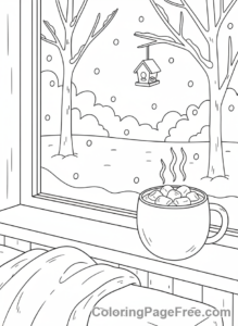 Snow coloring page - Hot cocoa snowy window