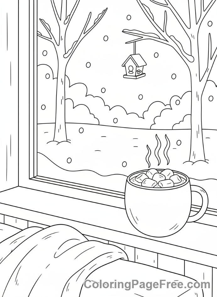 Snow coloring page - Hot cocoa snowy window