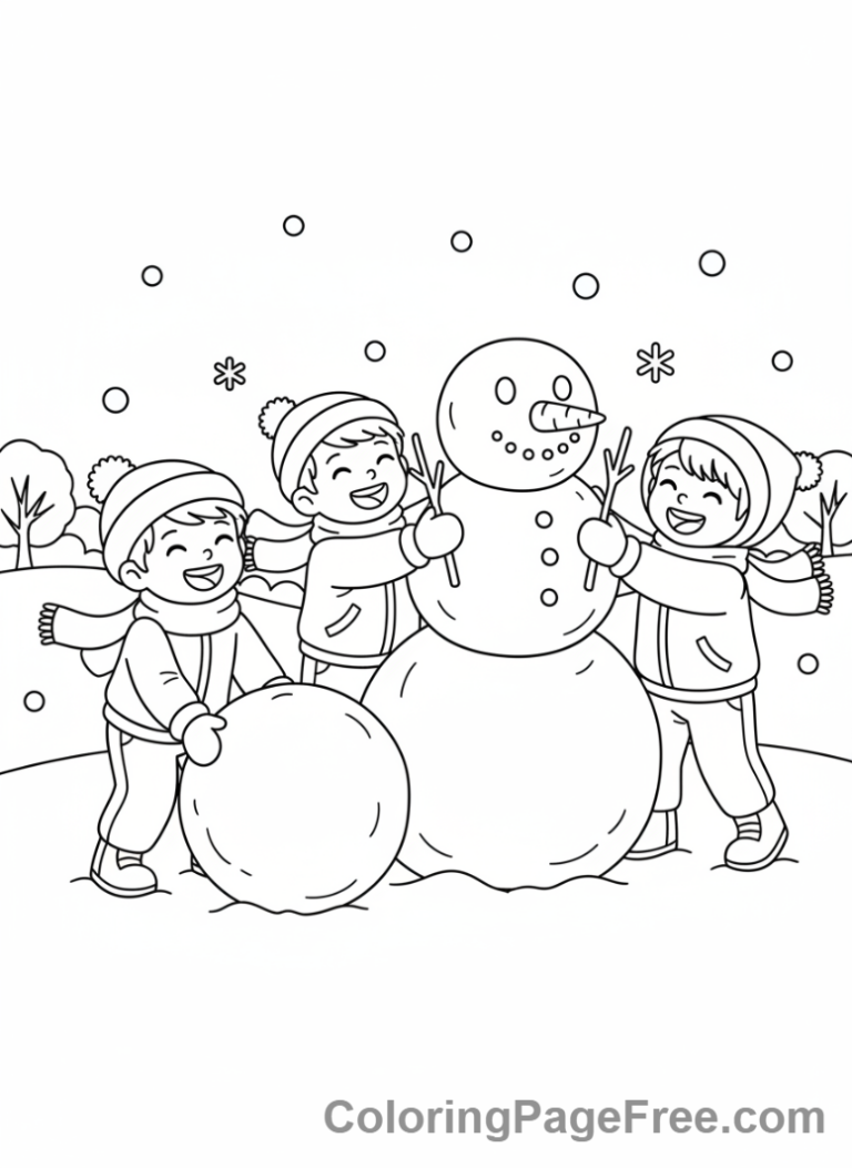 Snow coloring page - Kids building snowman