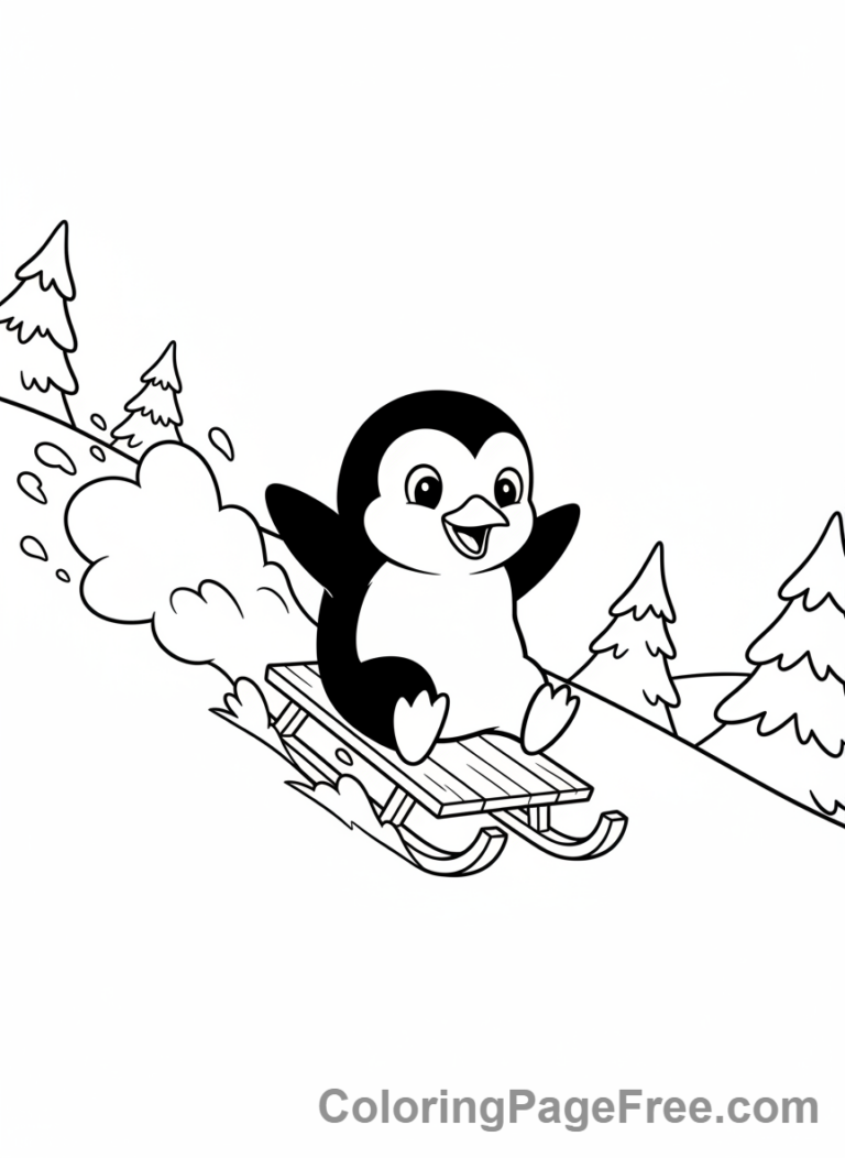 Snow coloring page - Penguin sledding hill