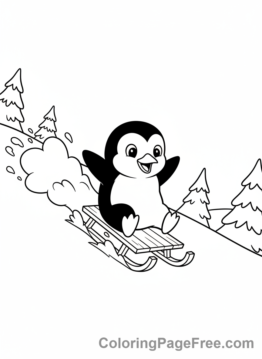 Snow coloring page - Penguin sledding hill
