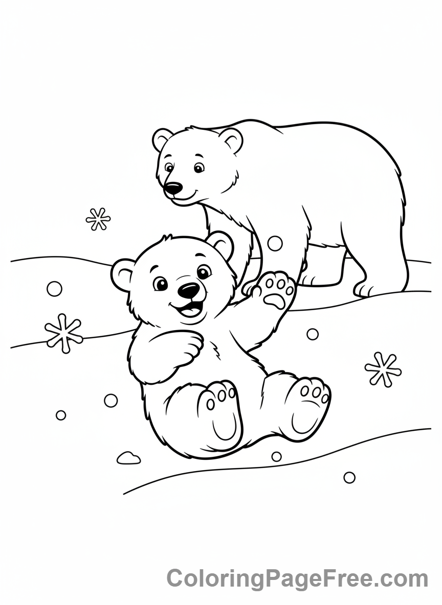 Snow coloring page - Polar bear cub playing