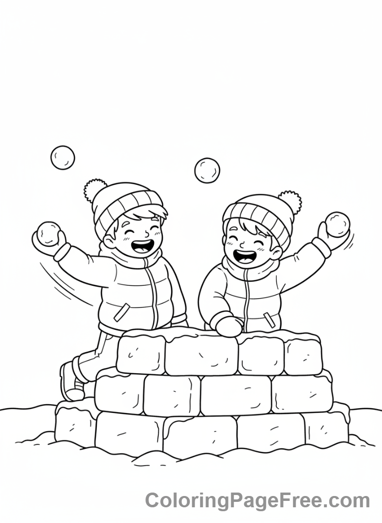 Snow coloring page - Snow fort snowball fight