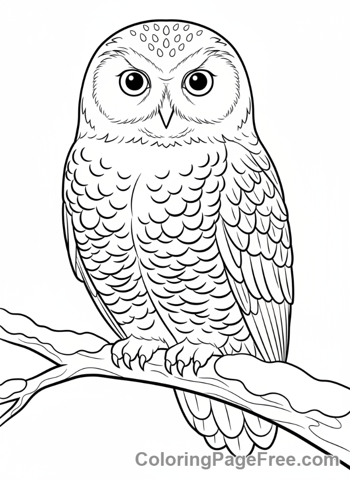 Snow coloring page - Snowy owl branch