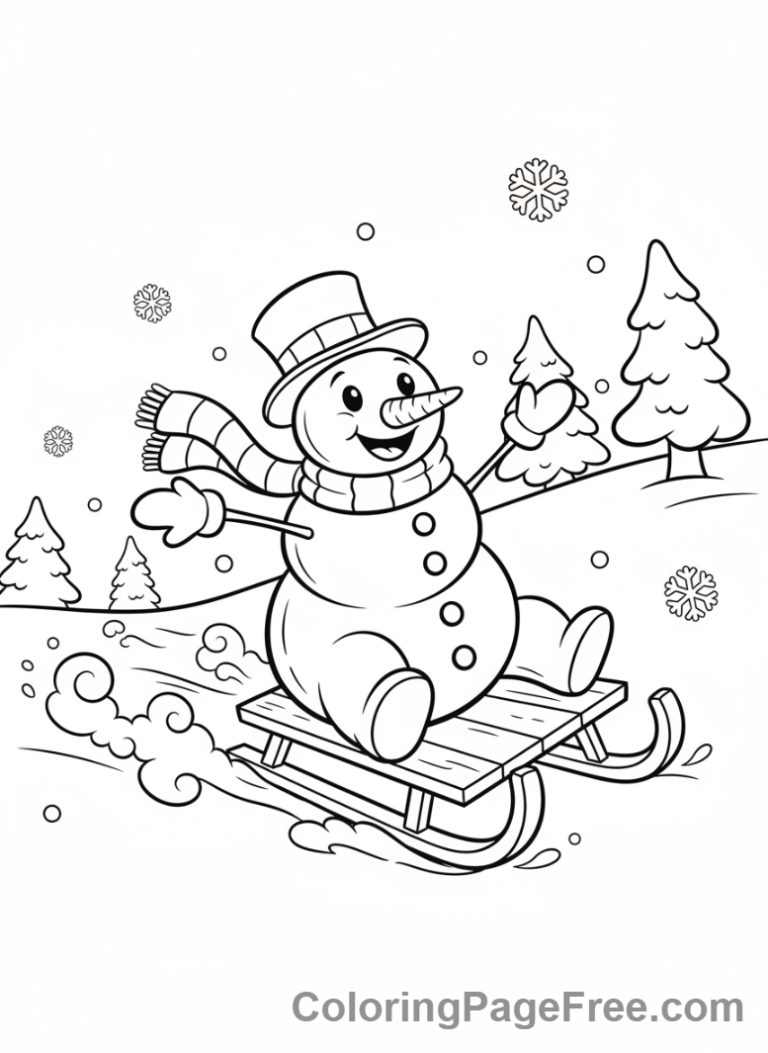 Snowman coloring page - Snowman sledding hill