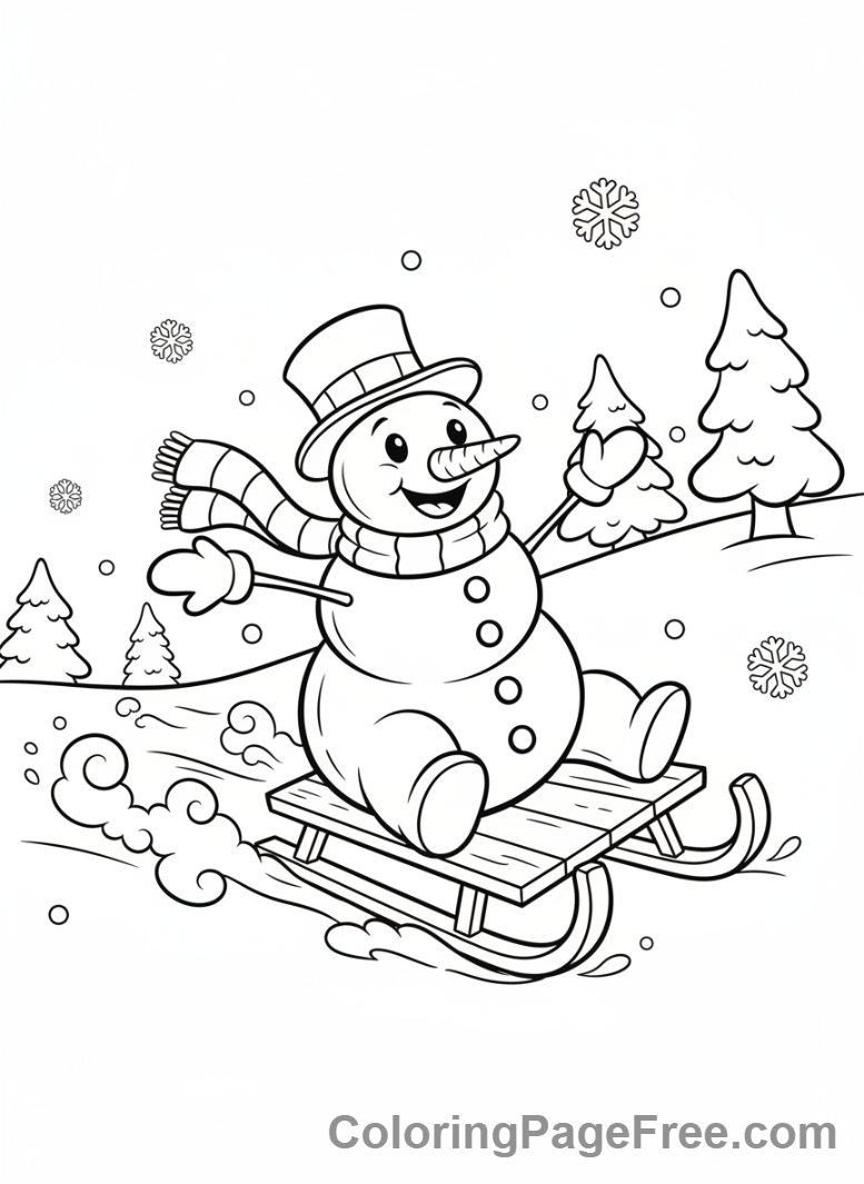 Snowman coloring page - Snowman sledding hill
