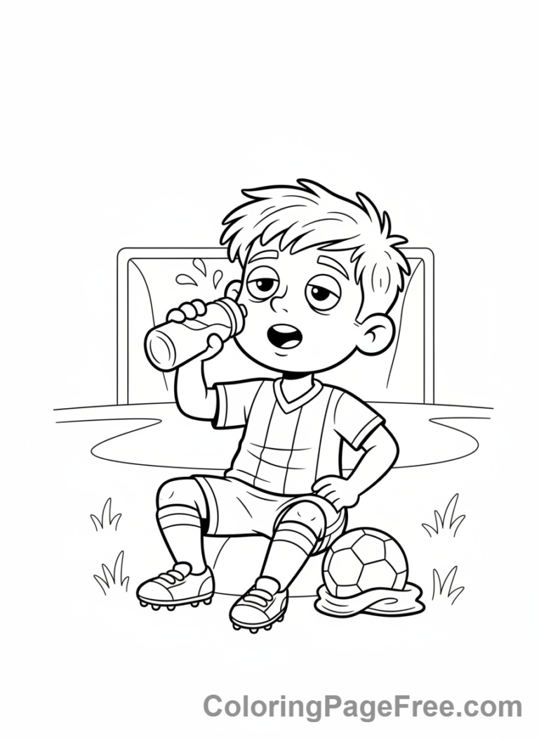Soccer coloring page - Kid drinking water