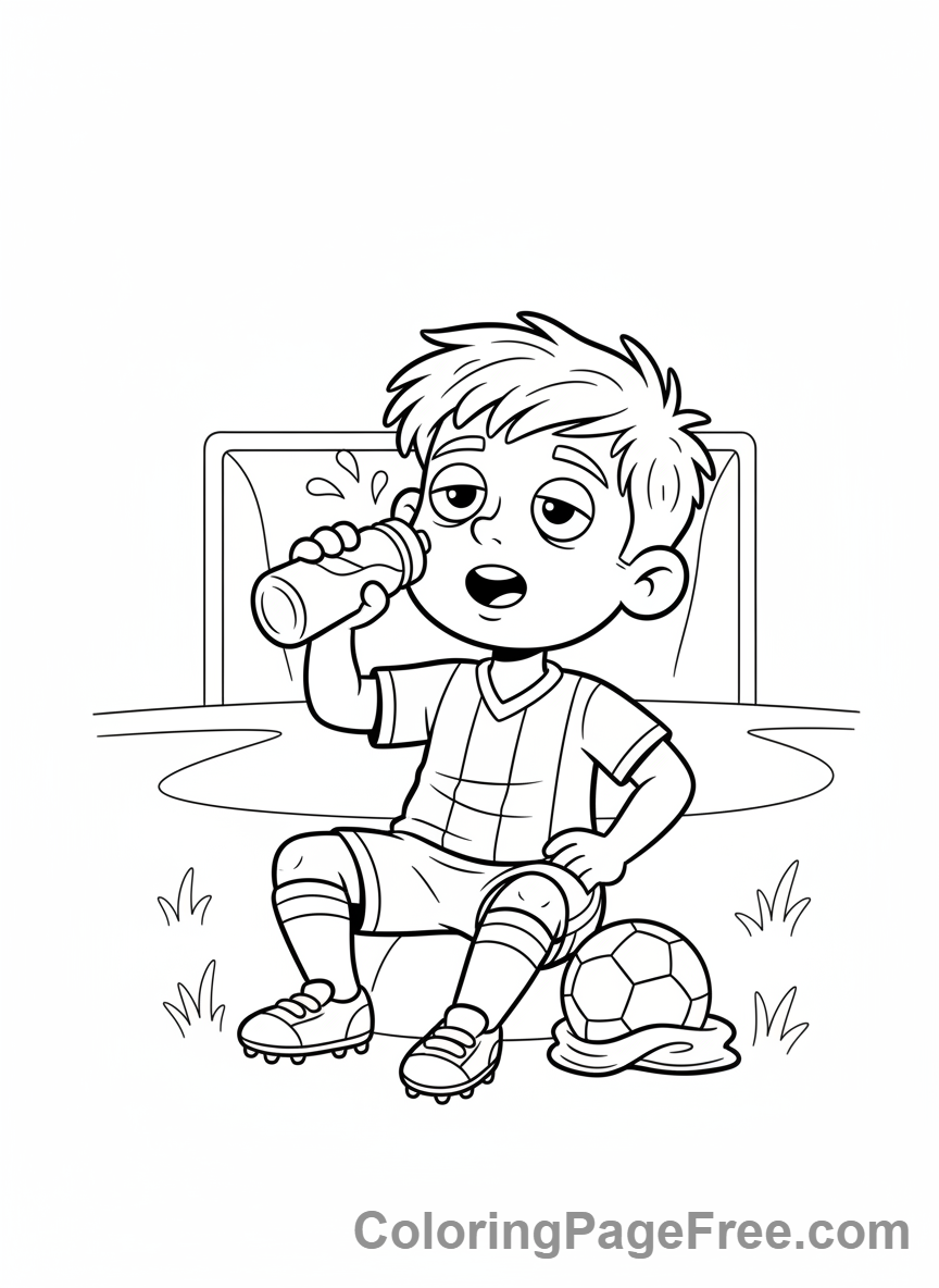 Soccer coloring page - Kid drinking water