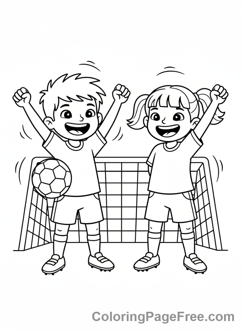 Soccer coloring page - Kids celebrating goal