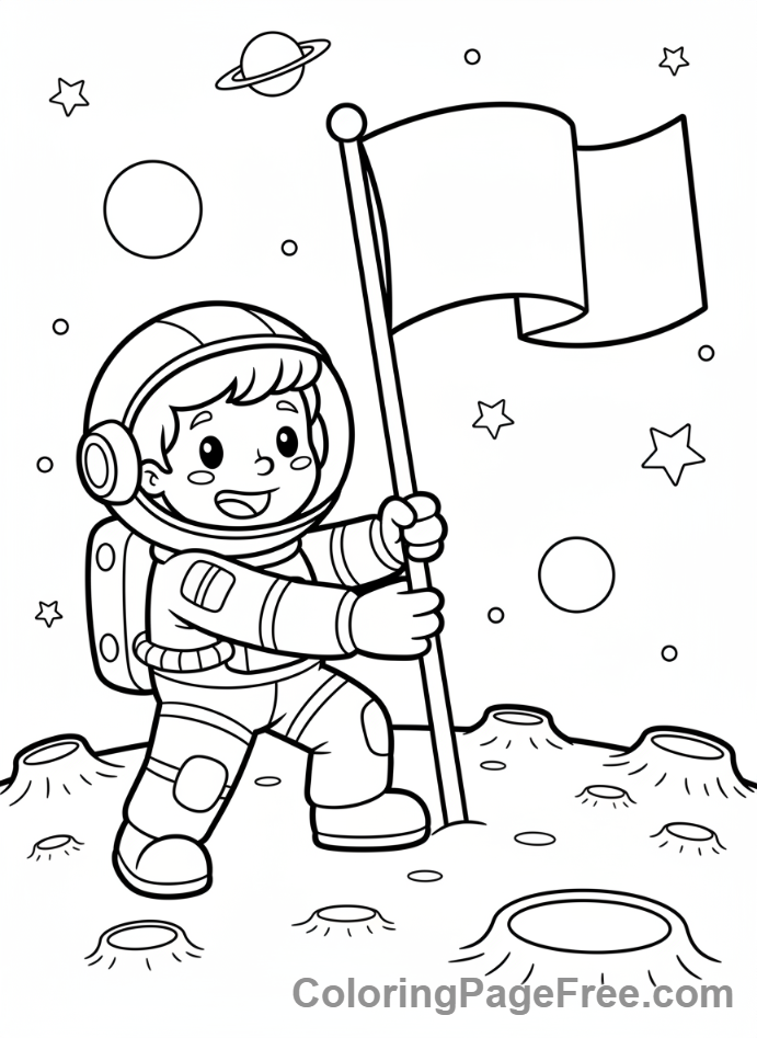 Solar System coloring page - Astronaut Moon Flag