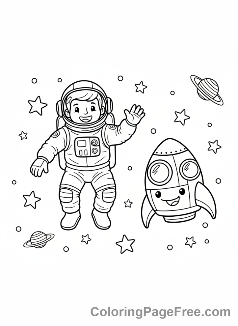 Solar System coloring page - Astronaut Space Floating
