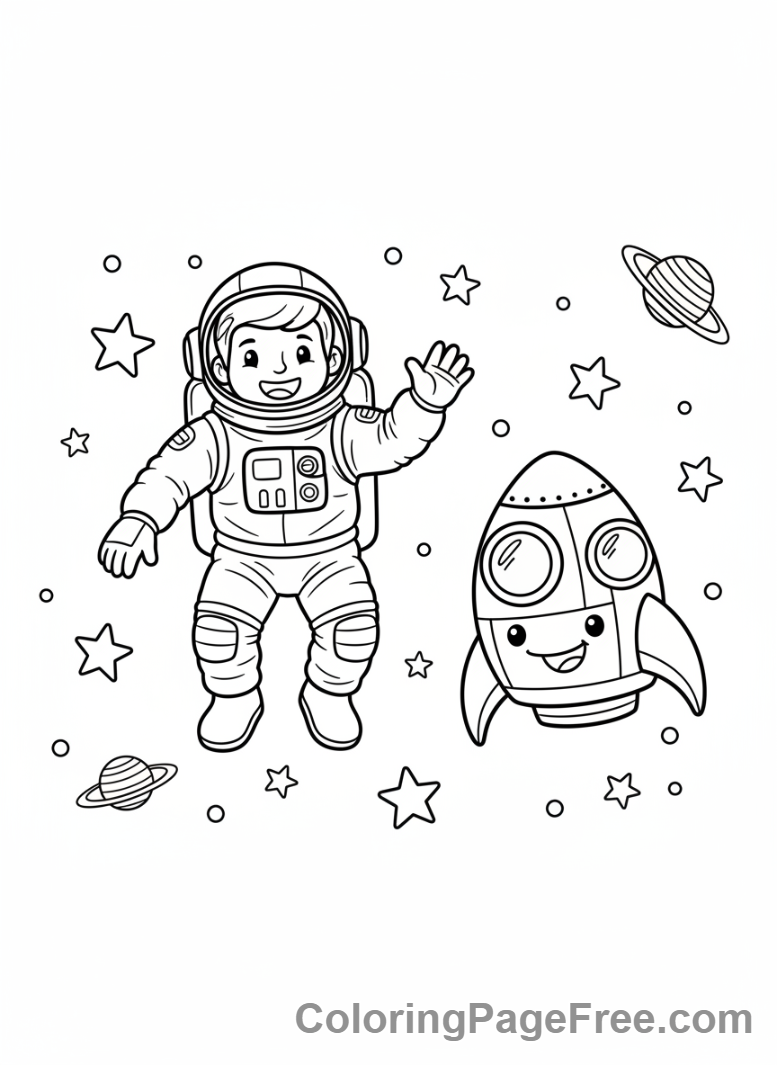 Solar System coloring page - Astronaut Space Floating
