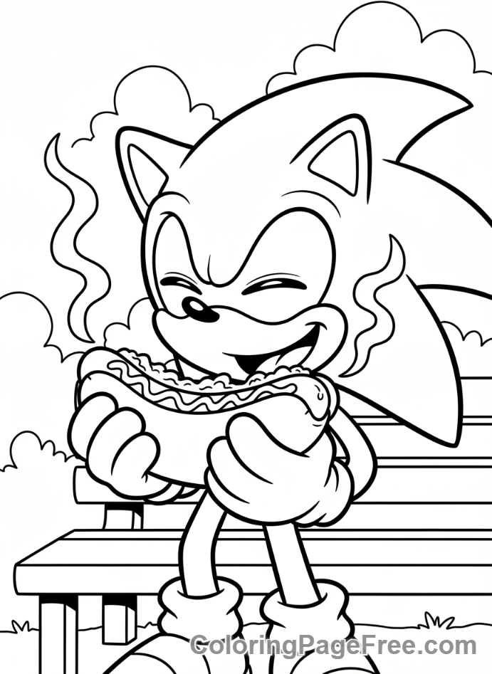 Sonic coloring page - Sonic eating hotdog