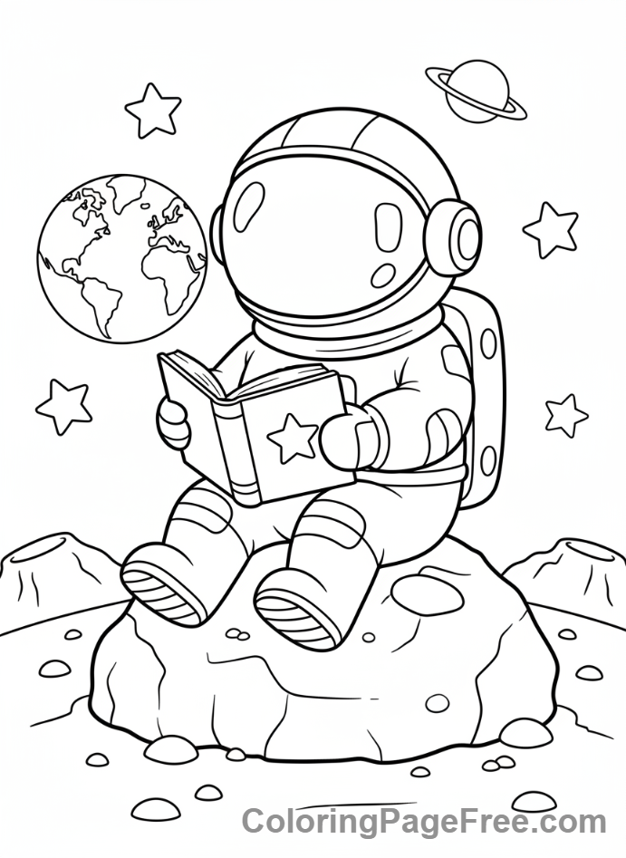 Space coloring page - Astronaut reading moon