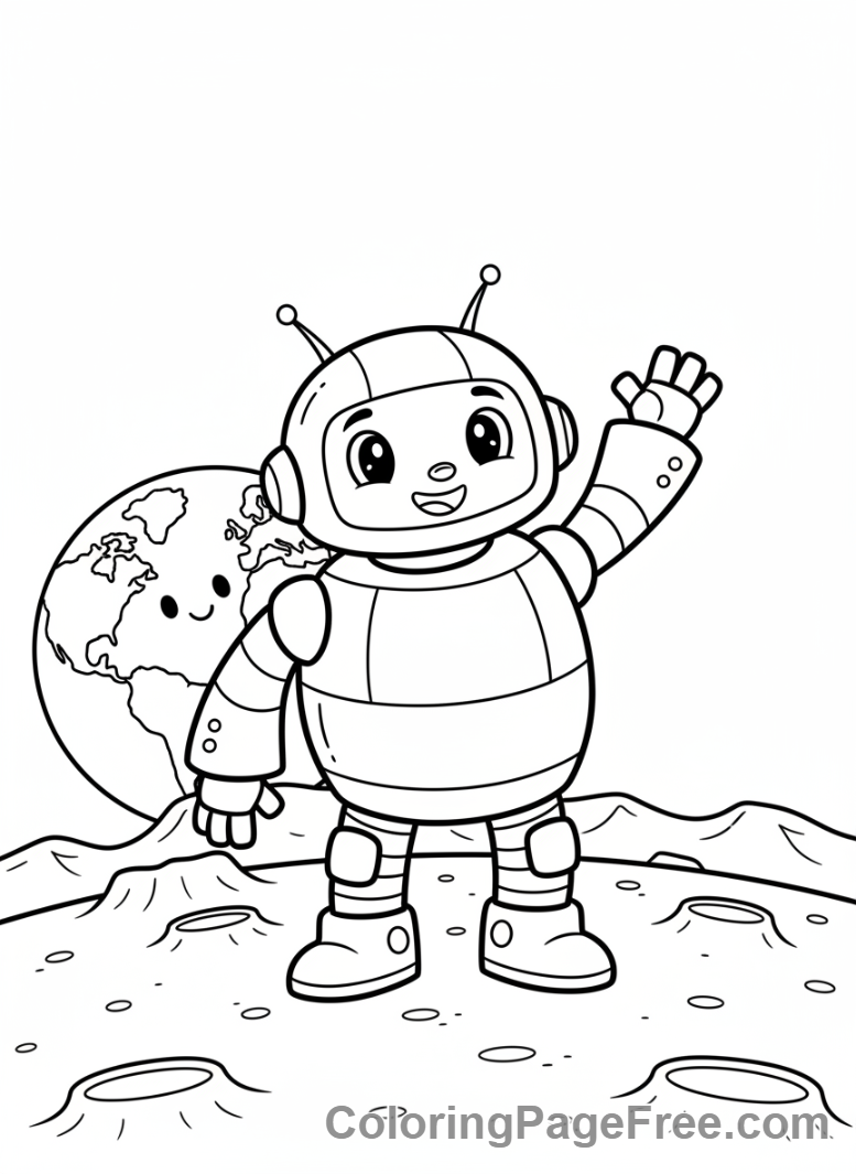 Space coloring page - Friendly robot waving