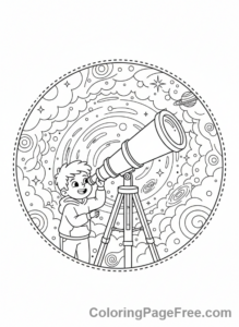 Space coloring page - Kid telescope stars