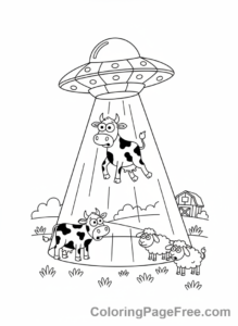 Space coloring page - UFO abducting cow