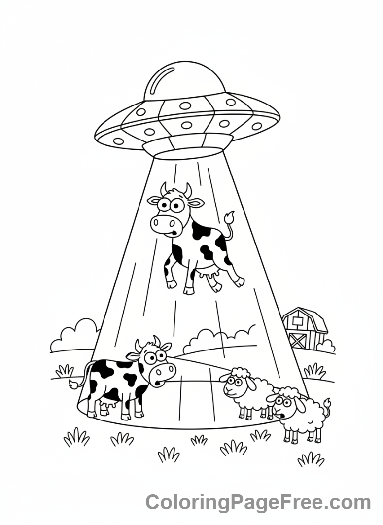 Space coloring page - UFO abducting cow