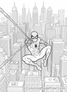 Spiderman coloring page - Spiderman swinging city
