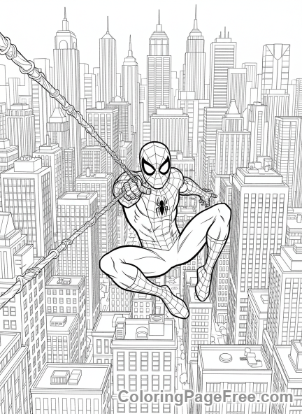 Spiderman coloring page - Spiderman swinging city