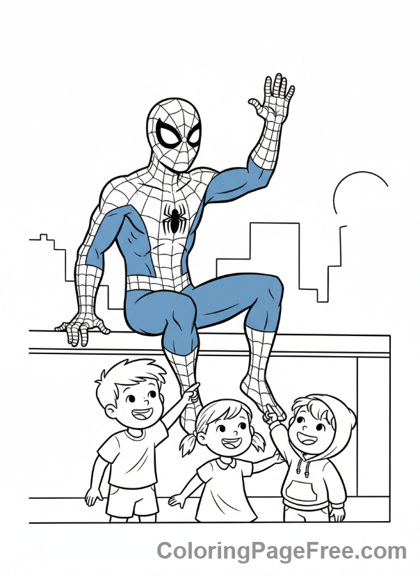 Spiderman coloring page - Spiderman waving kids