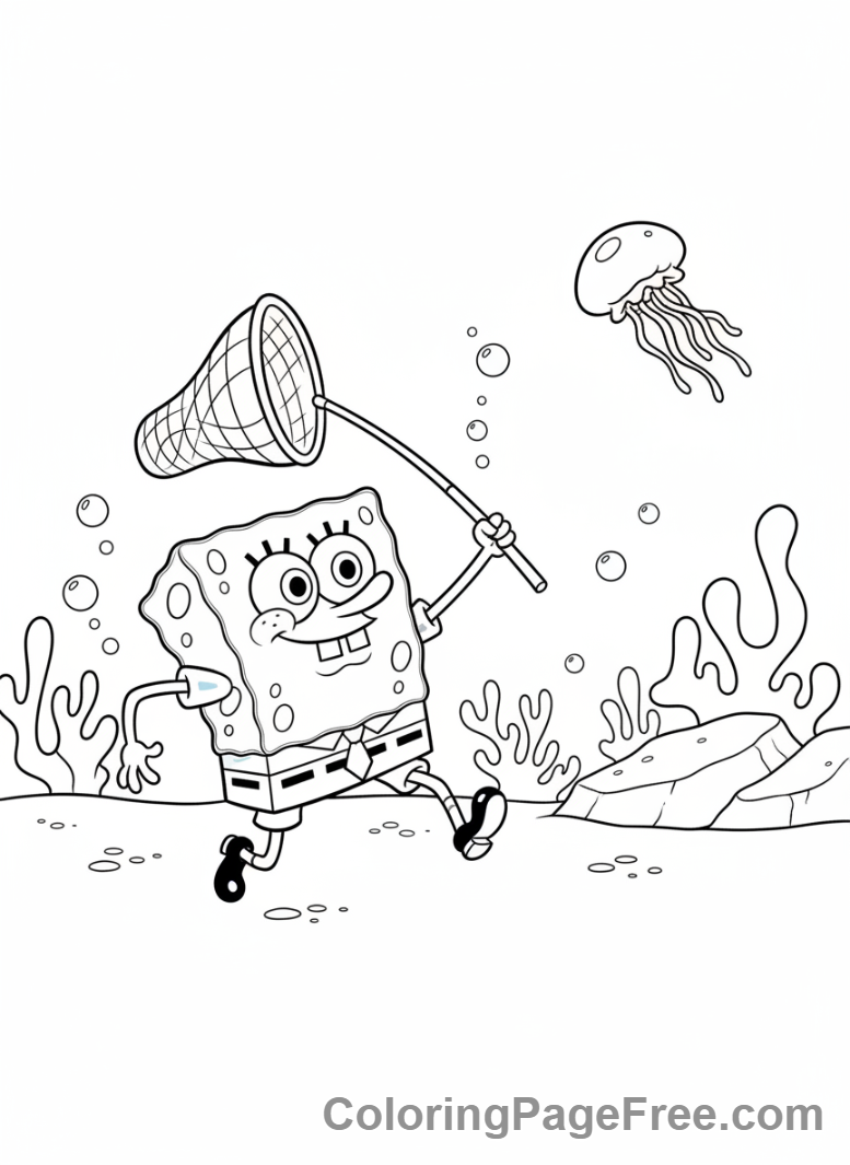 Spongebob coloring page - Spongebob catching jellyfish