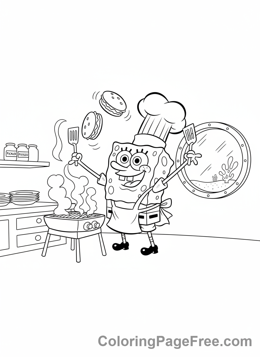 Spongebob coloring page - Spongebob flipping patties