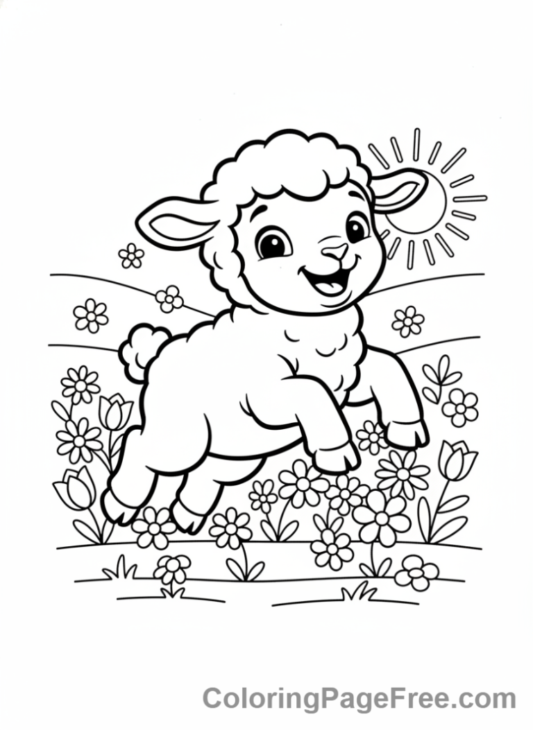 Spring coloring page - Baby lamb playing field