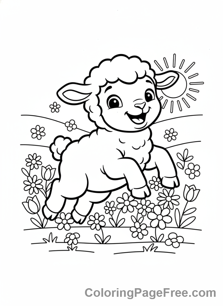 Spring coloring page - Baby lamb playing field