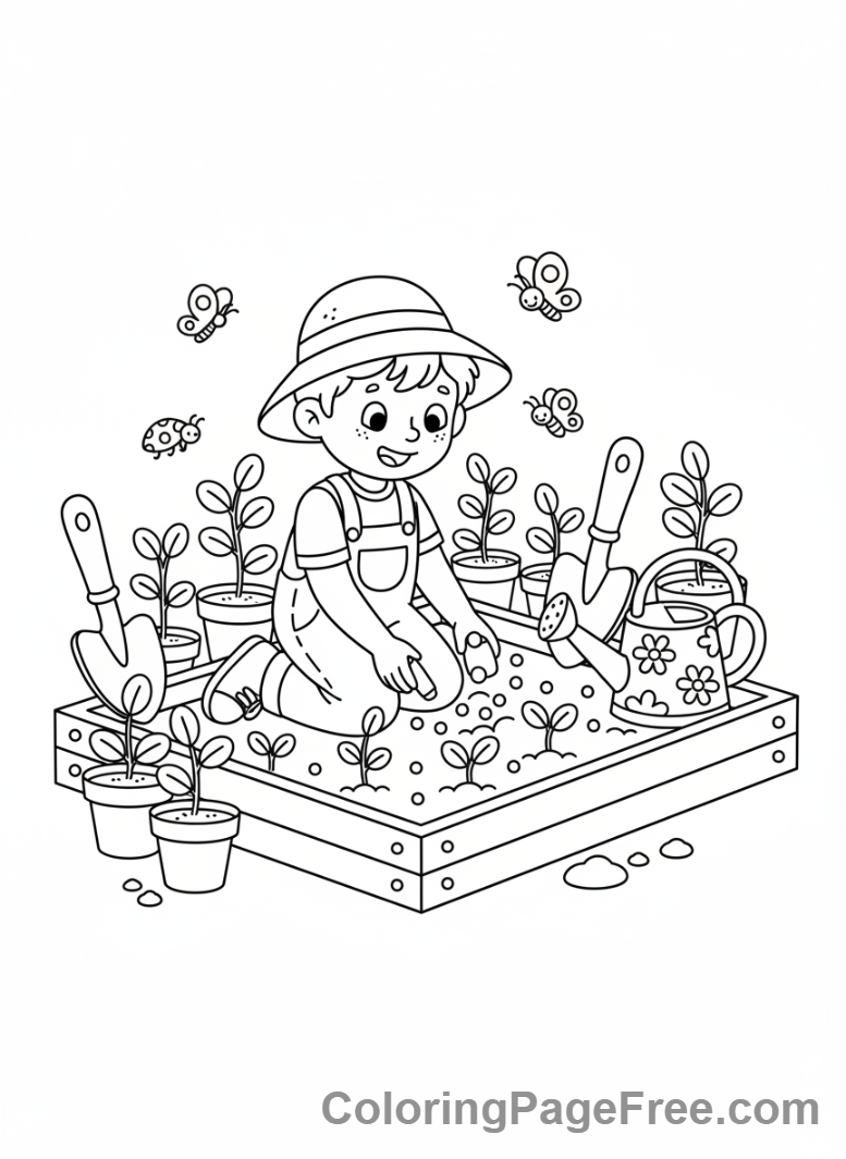Spring coloring page - Boy planting seeds