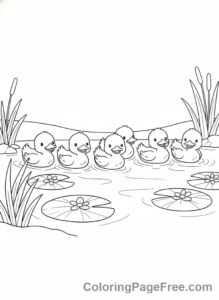 Spring coloring page - Ducklings swimming pond