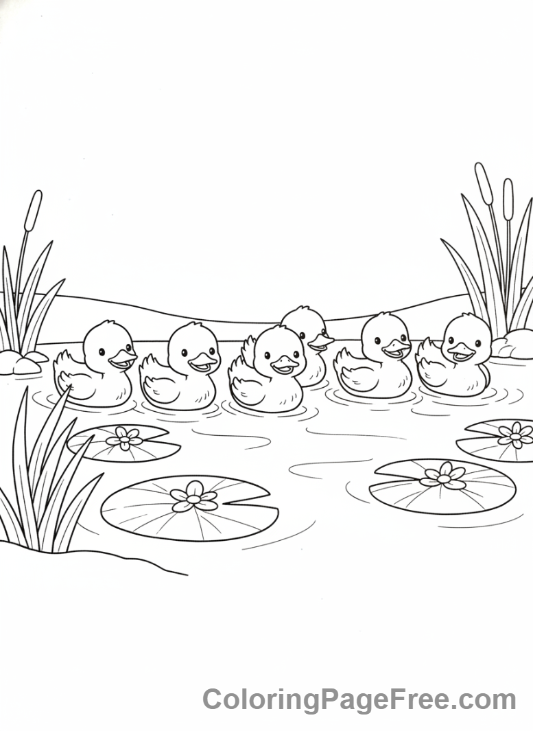 Spring coloring page - Ducklings swimming pond