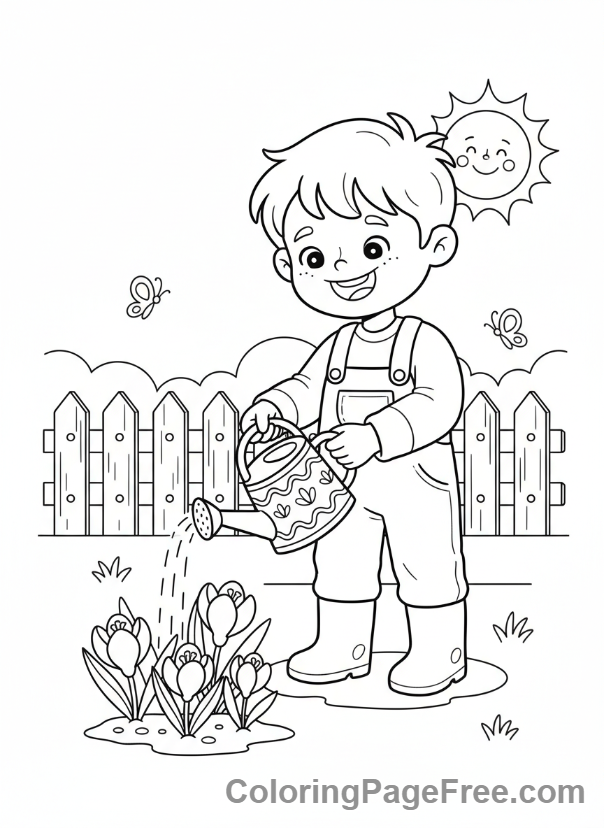 Spring Flowers coloring page - Child waters flowers