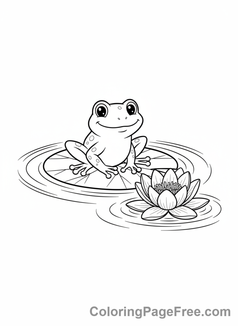 Frog with Spring Flowers and Water Lily Coloring Page