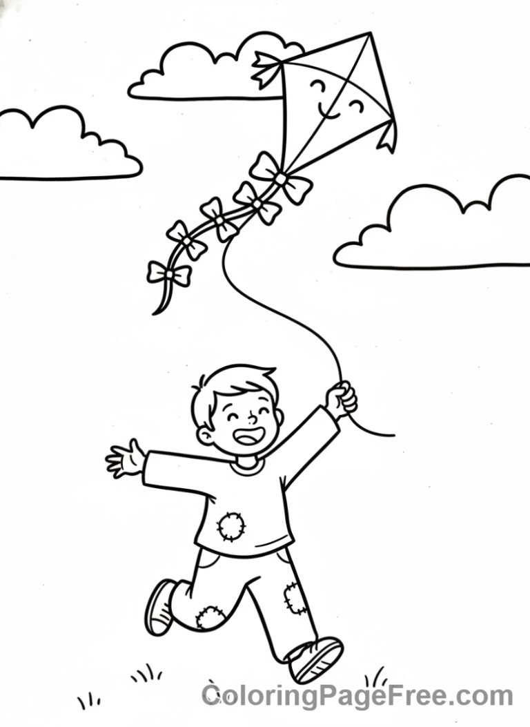 Spring coloring page - Kid flying kite