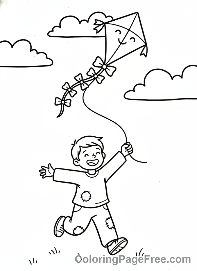 Spring coloring page - Kid flying kite