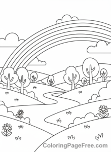 Spring coloring page - Rainbow landscape scene