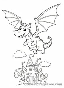 Storybook coloring page - Dragon flying castle
